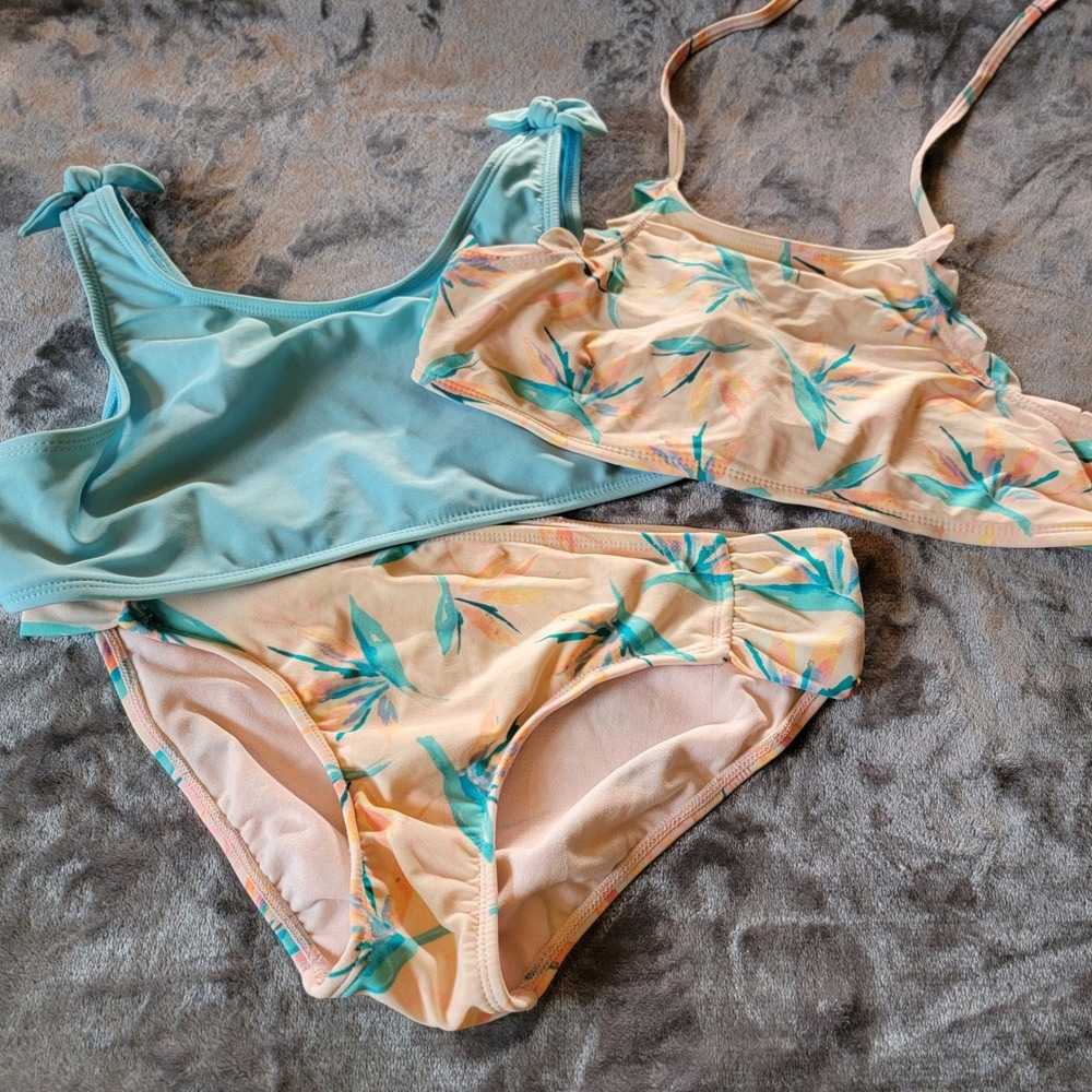 Cat & Jack Bikini Swimsuit Set Girls L 10/12 Blue Peach Floral Mix Match 902